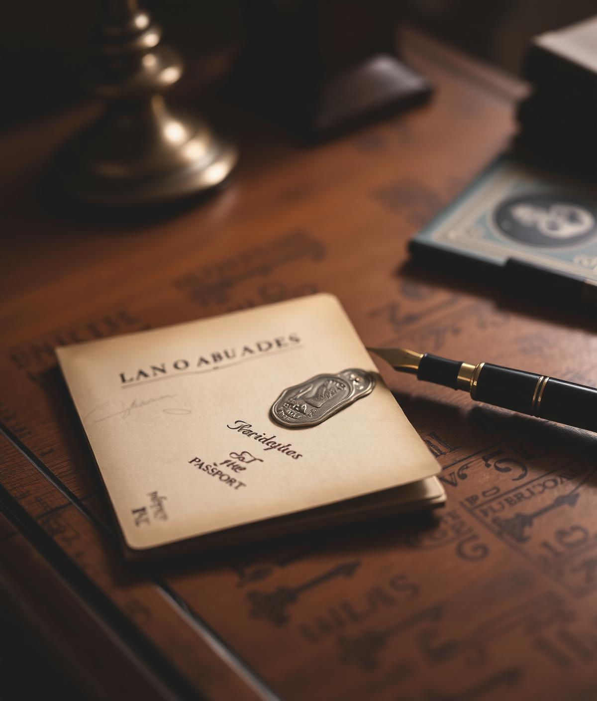 Pasaporte español sobre escritorio antiguo con pluma estilográfica